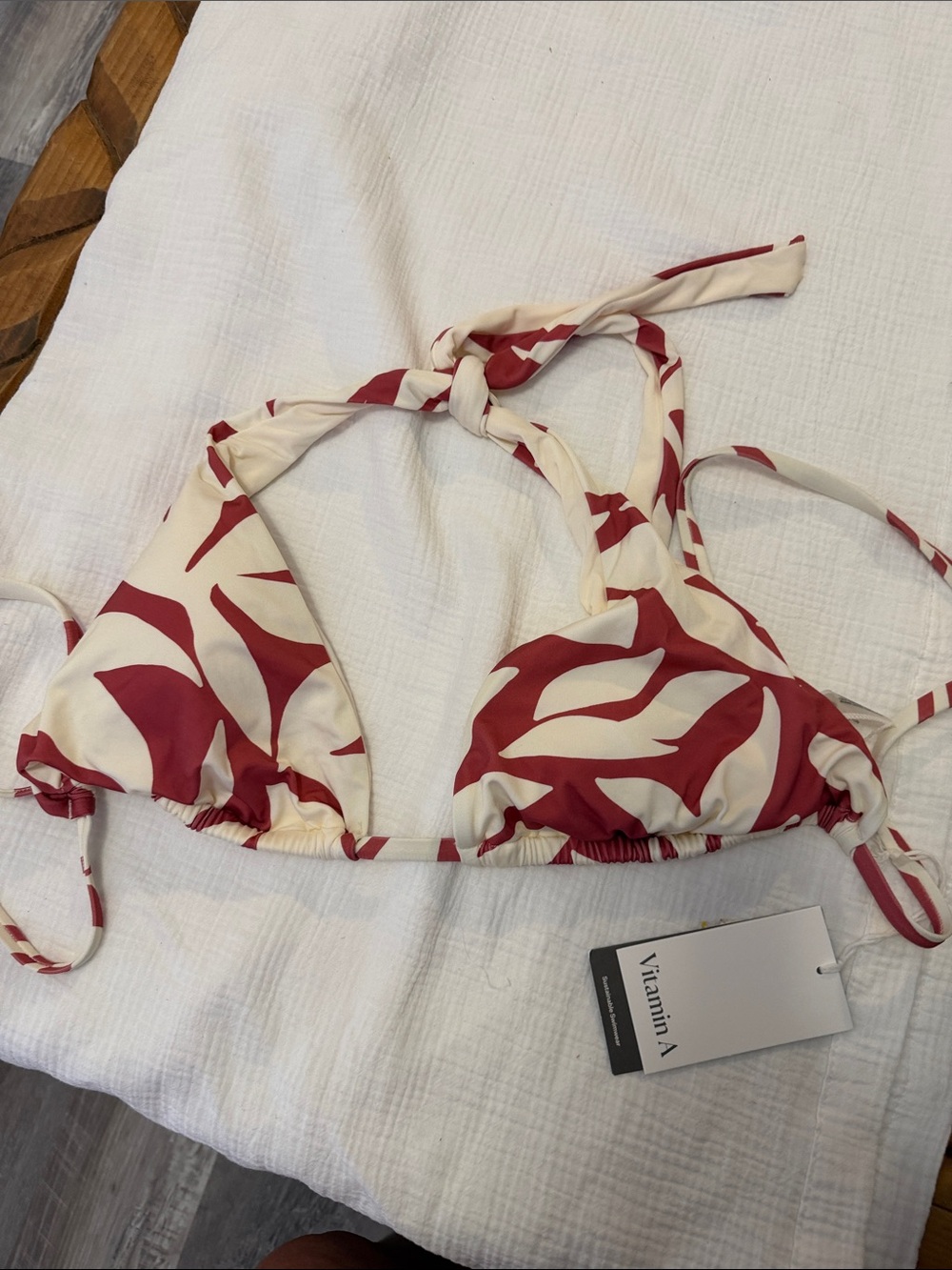 Vitamin A Red and Cream Tie-Back Triangle Bikini Top